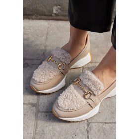 Resim Nilufarr Shaggy Bej Deri Kürklü Kadın Sneaker 