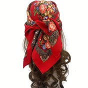 Resim Kadınlar için Renkli Bohem Çiçek Baskılı Eşarp - Şık Rus Babuşka, Sıcak & Rüzgar Geçirmez Polyester Başörtüsü Canlı Kırmızı Batik Paisley Tasarımlı - Günlük Geziler için İdeal, Saç Eşarpi 