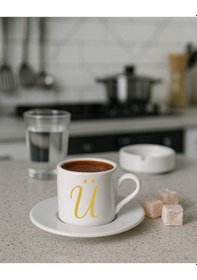 Resim Türk Kahvesi Fincanı Harf, Espresso Fincanı Harf Beyaz - Altın15 
