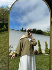 Resim SAMSA önü bağlamalı 2 bağcıklı kimono gömlek modern tesettür şık yeni sezon etek üstü kimono 