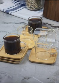Resim 6lı Kahve Fincan Takımı - Bambu Tabaklı Kahve Fincan Seti - 12 Parça - 100 Ml Şeffaf 