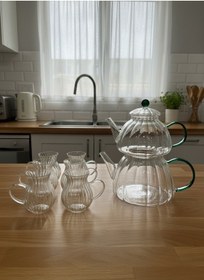 Resim Cam Çaydanlık Ve Bardak Seti Yeşil Yeşil 