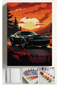 Resim Sayılarla Boyama Seti Numaralı Tuval Fırça Boya Dahil Kasnaklı Set 40x50 Cm - Siyah Dodge Araba 
