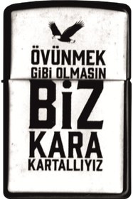 Resim ATA TANITIM Yüksek Kaliteli Benzinli Klasik Çakmak, "biz Kara Kartallıyız" Mottolu 