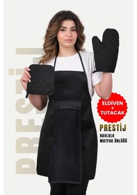 Resim Prestij 4lü Set Sıvı Geçirmez Su Geçirmez Mutfak Önlüğü Eldiven Tutacak Siyah Siyah 