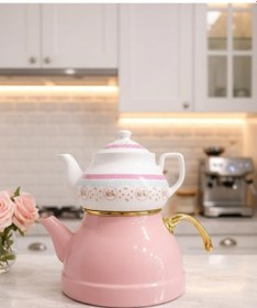 Resim Gold Detaylı Üstü Porselen Altı Emaye İkili Demlik Takımı Pembe 