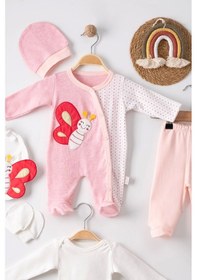 Resim Kelebek Nakışlı Puanlı Tulumlu % 100 Pamuk Kız Bebek 5'li Set Pembe 