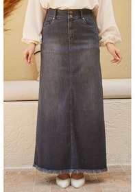 Resim Neways 2252-Eteği Püsküllü Denim Etek Koyu Gri 