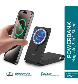 Resim Phixi Ultimate PW15 10000mAh 22.5W Kendinden Kablolu MagSafe Powerbank + Watch + Stand - Kablosuz Şarj Cihazı - 1 PD 1 USB Port - Dijital Ekran - Taşınabilir Şarj Cihazı 