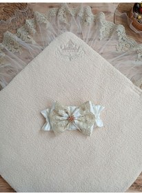 Resim Yenidoğan Kuzulu Taç Nakış Güpürlü Fiyonklu Duvaklı Prizma Taş Unisex Kundak Bebek Battaniyesi 