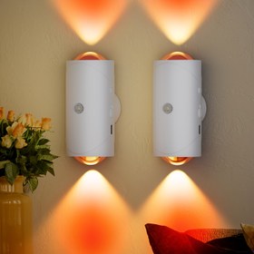 Resim 2 Lamba Başlıklı Manyetik LED Hareket Sensörlü Duvar Işığı, Ayarlanabilir 15 Renkli, Alacakaranlık'tan Şafağa, Sıcak Turuncu Işıltı, Oturma Odası ve Yatak Odası için Uygun - USB/Pil ile Çalışır, Modern Beyaz Tasarım 