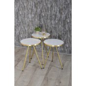 Resim Gold Falez Mobilya Zigon Sehpa 3'lü Gold Metal Ayak Gold Beyaz 
