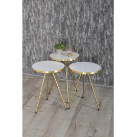 Resim Gold Falez Mobilya Zigon Sehpa 3'lü Gold Metal Ayak Gold Beyaz 