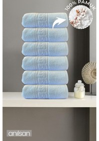 Resim 6'lı Mavi Greek El Havlusu - 50x90 Cm, 225 Gr, %100 Pamuk, Spa Ve Otel Havlusu, Günlük Kullanıma Uygun Mavi 