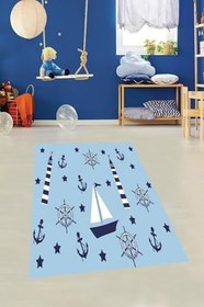 Resim Pelangi Gemi Yelken Desenli Dijital Baskılı Kaymaz Taban Yıkanabilir Çocuk Odası Halısı, Mavi-Lacivert 180 x 180 