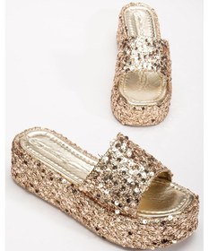 Resim Kadın Dolgu Topuk Terlik Altın Pullu Kalın Tek Bant Kaplama Taban-4047 Altın 