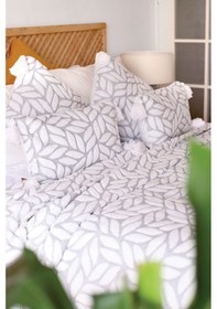Resim İskandinav Yatak Örtüsü Seti Çift Kişilik Set Bohem Punch Panç Desen Lotus Gri Renkli 