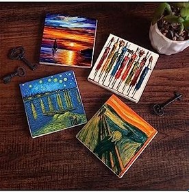 Resim Van Gogh Ren Nehri’nde Yıldızlı Bir Gece, Çığlık, Yerli Kadınlar, Deniz Manzarası Taş Bardak Altlığı Seti - 4 Parça - Dekoratif, Rustik, 10x10 cm, Kaydırmaz Tabanlı SC431 