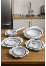 Resim 5'li Akordiyon Süzgeç Seti - Pirinç, Oval, Yuvarlak, Saplı, Kare Süzgeç - Katlanır Süzgeç Seti Beyaz - Gri 