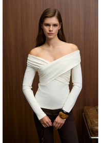 Resim Grimelange Selunette Kadın Asimetrik Yakalı Omuzu Açık Esnek Kumaşlı Vücudu Saran Slim Fit Ekru Bluz Ekru 