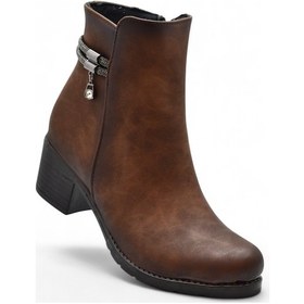 Resim 453 Kısa Topuklu Kadın Bot Ayakkabı Taşlı Klasik Ofis Gündelik Kadın Bot Taba 