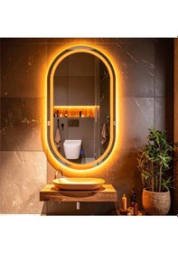 Resim Serava Amber Led'li Lazer Kumlamalı Lavabo & Banyo Aynası Dokunmatik Sensörlü 45 X 80 Cm Turuncu 