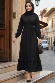 Resim N.S NEVA STYLE Bağlama Detaylı Siyah Tesettür Elbise 6205S 