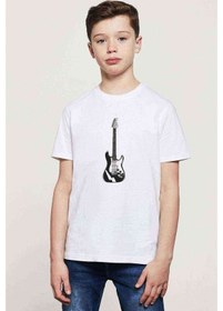 Resim Beyaz Ve Siyah Elektro Gitar Müzik Baskılı Unisex Çocuk Beyaz T- 