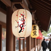 Resim Erik Çiçeği Desenli Beyaz Vintage Fener - Su Geçirmez Japon Tarzı Asma Kumaş Fener, Ev Dekorasyonu, Kültürel Festivaller, Tiyatro, Düğünler ve Doğu Asya Esinli Ortamlar için, Ev Dekorasyonu için Dekoratif Fenerler 