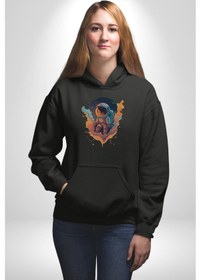 Resim Bulutlar Astronot Uzay Kadın Erkek Siyah Kapüşonlu Sweatshirt Hoodie Siyah 