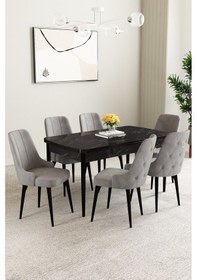 Resim Clara Siyah Mermer Desen 80x132 Açılabilir Yemek Odası Takımı 6 Adet Sandalye Gri 