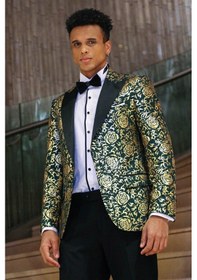 Resim Wessi Gold Gül Desenli Slim Fit Yeşil Erkek Smokin Ceket Yeşil 