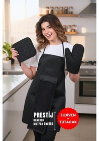 Resim Prestij 4lü Set Sıvı Geçirmez Su Geçirmez Mutfak Önlüğü Eldiven Tutacak Siyah Siyah 