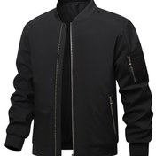 Resim Erkekler için Şık Siyah Bomber Ceket - Hafif Polyester, Ayakta Durabilen Yaka ve Manşet Fermuar Detaylı, İlkbahar & Sonbahar için İdeal 
