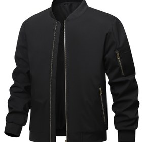 Resim Erkekler için Şık Siyah Bomber Ceket - Hafif Polyester, Ayakta Durabilen Yaka ve Manşet Fermuar Detaylı, İlkbahar & Sonbahar için İdeal 