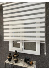 Resim Ithal Bambu Beyaz Zebra Stor Güneşlik Perde Eteği Dilimli Alüminmyumkasa Metalayak Gümüş 