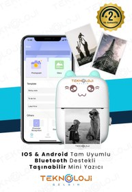 Resim Teknoloji Gelsin Mini Cep Yazıcı Taşınabilir Bluetooth Kablosuz Şarjlı 6 Rulo 3 Kalem Seti Hediye Mavi Yazıcı 