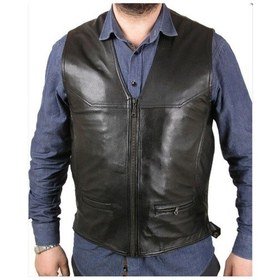 Resim Hakiki Deri Siyah Calvin Fermuarlı Erkek Deri Yelek Siyah 