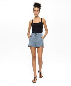 Resim Denim Görünümlü Yırtmaçlı Örme Kısa Şort - M / Denim 