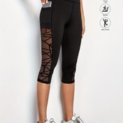 Resim Kadınların Yüksek Bel Yoga Taytı Geometrik Mesh Panel ile - Nefes Alabilen, Hızlı Kuruyan, Esnek Egzersiz Pantolonu Koşu, Fitness ve Açık Hava Aktiviteleri için, Siyah, Tüm Mevsim Giyim, Egzersiz Taytı 