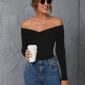 Resim 1 adet Kadınlar için Zarif Omuz Açık Uzun Kollu Tişört, Düz Renkli Polyester Örgü Kumaş, Çok Yönlü Dört Mevsim Üst 