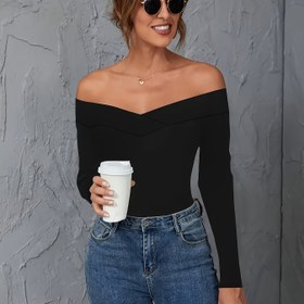 Resim 1 adet Kadınlar için Zarif Omuz Açık Uzun Kollu Tişört, Düz Renkli Polyester Örgü Kumaş, Çok Yönlü Dört Mevsim Üst 