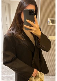 Resim Kadın Oversize Kruvaze Blazer Ceket Uzun Kollu, Şık Ve Günlük Klasik Ceket-lacivert - L Kahverengi 