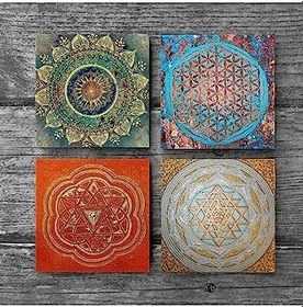 Resim Mandala, Yaşam Çiçeği, Sri Yantra Taş Bardak Altlığı Seti - 4 Parça - Dekoratif, Rustik Mutfak Aksesuarı, 10x10 cm, Kaydırmaz Tabanlı, Şık ve Dayanıklı SC157 