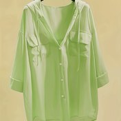 Resim Kadın Hafif Düğmeli Gömlek Cep ile - Nefes Alabilen Polyester Kapüşonlu Ceket Bahar, Yaz ve Sonbahar için - Günlük Güneş Koruması Dış Giyim, Günlük Giyim Kapüşonlu | Düğmeli Gömlek | Şeffaf Malzeme 