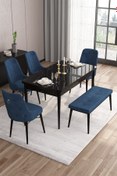 Resim Canisa Are Serisi 80x132 Mdf Açılabilir Siyah Mermer Desen Masa Takımı 4 Lacivert Sandalye Ve 1 Bench 