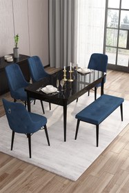 Resim Canisa Are Serisi 80x132 Mdf Açılabilir Siyah Mermer Desen Masa Takımı 4 Lacivert Sandalye Ve 1 Bench 