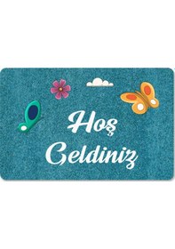 Resim Dijital Baskılı Kapı Önü Paspas Hoşgeldiniz Yazılı Çiçek Desen Ve Tavşan Iç Ve Dış Kapı Yıkanabilir Bebe Mavisi 