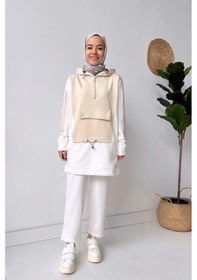 Resim Kanguru Cep Kapüşonlu Takım - Bej 