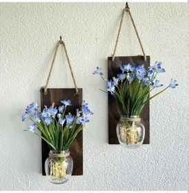 Resim Led Işıklı, Mavi Nergis Çiçekli Duvar Dekoru Ceviz İkili Set Ceviz 